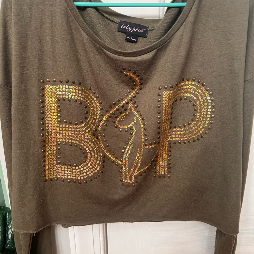 Baby Phat Olive Top with Gold sequins and studs